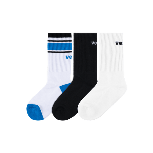 3-Pack Crew Socks - Black/White/Vessi Blue