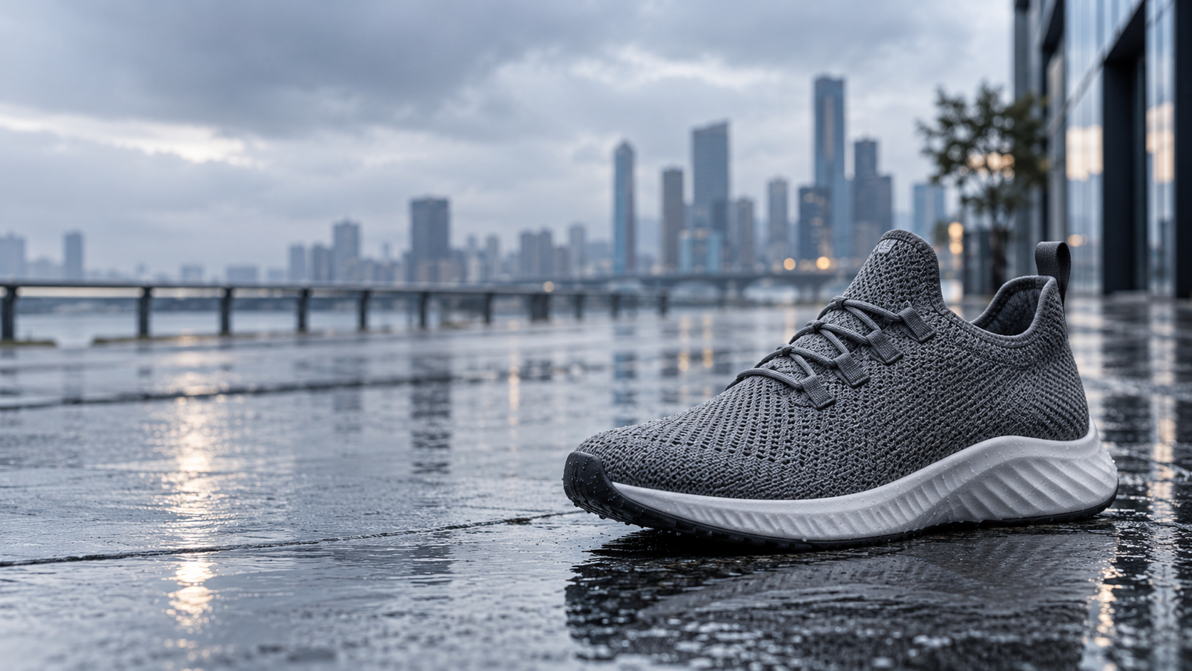Unbranded waterproof knit footwear on a rain-darkened city street
